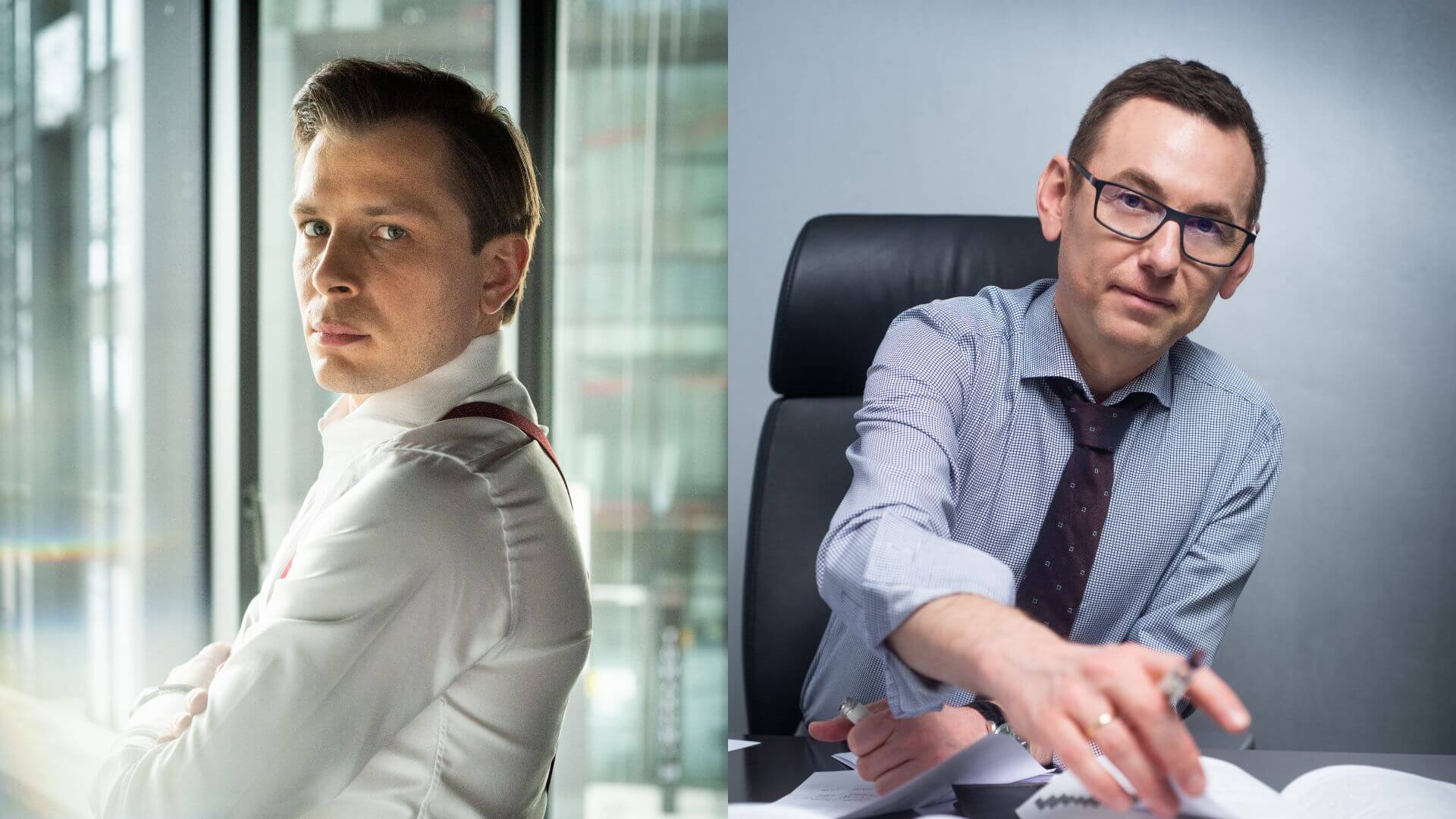 Zdjęcie jest kolażem dwóch portretów mężczyzn, przedstawiających prawdopodobnie pracowników biurowych. Na lewym zdjęciu widzimy mężczyznę ubranego w białą koszulę z szelkami. Odwraca głowę w stronę obiektywu, a jego spojrzenie jest intensywne. Ma skrzyżowane ramiona. W tle widać nowoczesny budynek z dużymi oknami, przez które wpada światło. Na prawym zdjęciu, na ciemnym, gradientowym tle, siedzi mężczyzna w okularach, koszuli i krawacie. Siedzi za biurkiem, pochylony do przodu, i wyciąga rękę, jakby podawał dokumenty do podpisu. Na stole widać papiery i długopis, a mężczyzna patrzy prosto w obiektyw z poważnym wyrazem twarzy.