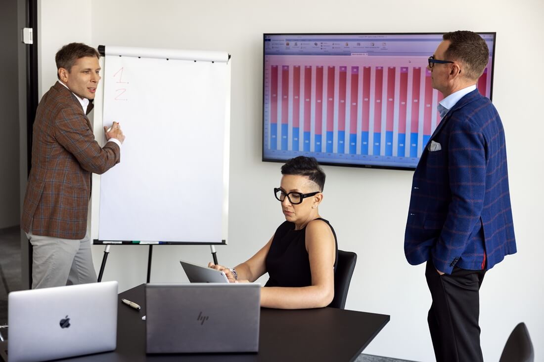 Na zdjęciu widzimy trzy osoby zaangażowane we wspólną pracę w nowoczesnym biurze. Jedna z nich stoi przy tablicy flipchart i pisze czerwonym markerem ułamek „1/2”, druga siedzi przy stole i pracuje na laptopie, notując, a trzecia obserwuje przebieg spotkania. Na stole znajdują się trzy laptopy, a na ścianie widoczny jest ekran z kolorowym wykresem słupkowym, co sugeruje analizę danych lub prezentację biznesową. 