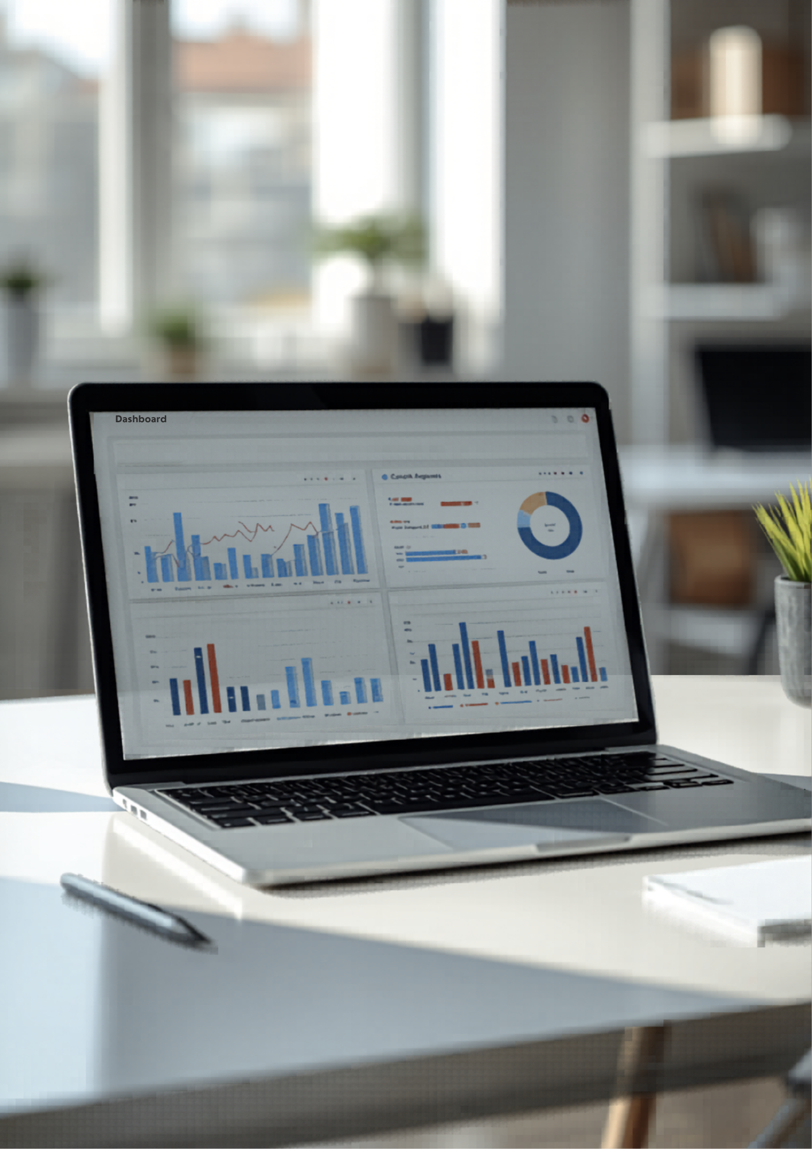 Laptop z dashboardem analitycznym w jasnym biurze — ilustracja artykułu o pipeline danych od księgowości do raportów BI